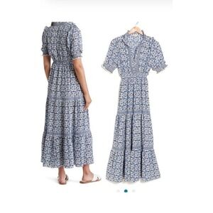 Max Studio Maxi Dress Tiered Plunge Cottagecore Country Floral Blue XL Whimsical